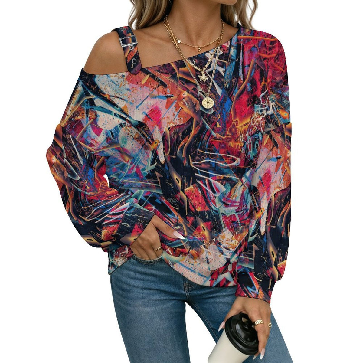 Off-the-shoulder Sweater Abstract, Graffiti  Asymmetric Cold Shoulder Knit Sweater for Women, Adjustable Buckle Strap Long Sleeve Casual Slouchy Pullover