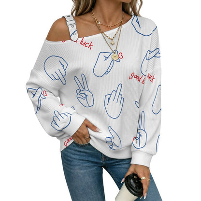 Off-the-shoulder Sweater Tile Decorative Patterns for Various Gestures  Asymmetric Cold Shoulder Knit Sweater for Women, Adjustable Buckle Strap Long Sleeve Casual Slouchy Pullover