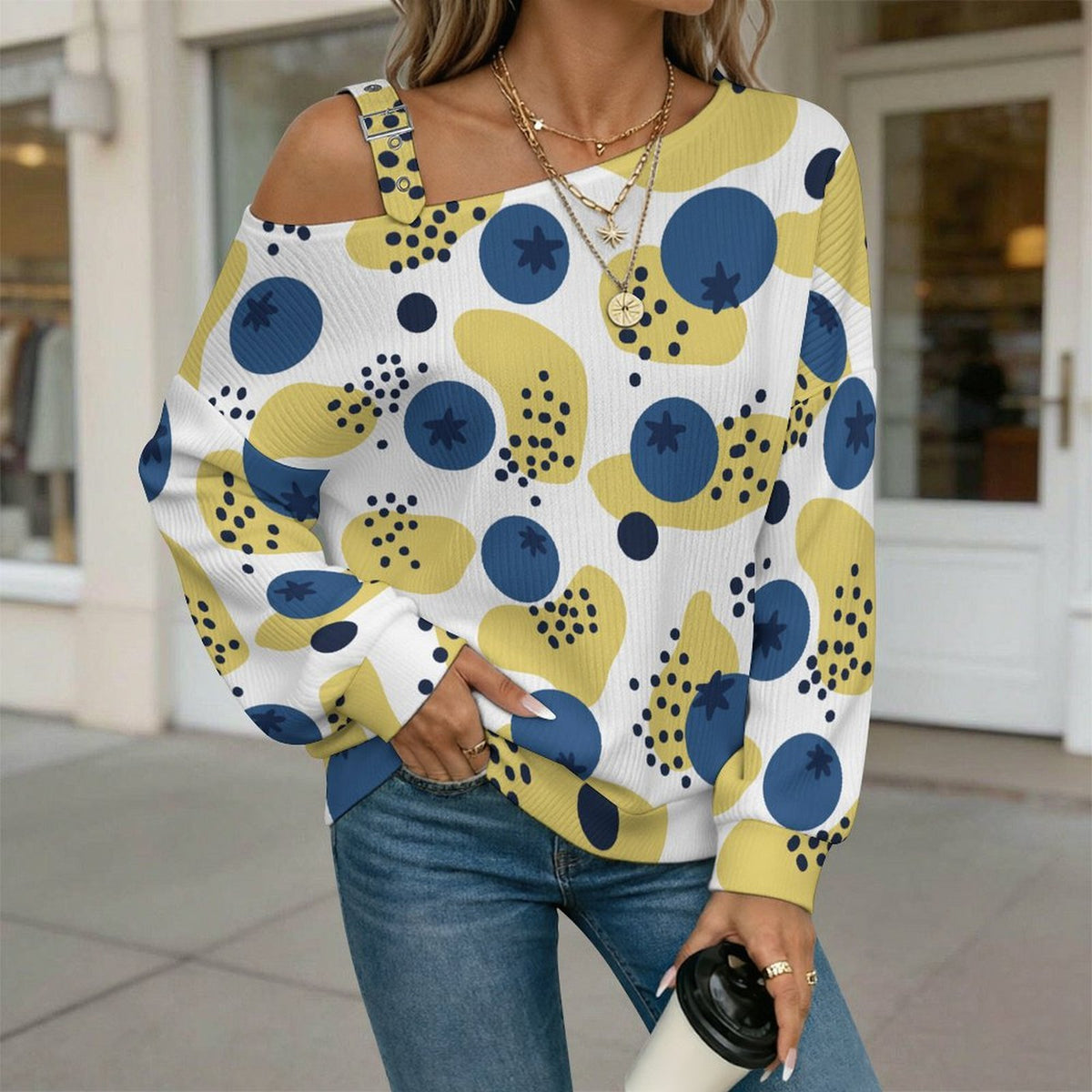 Off-the-shoulder Sweater Blueberry-spot-repeat  Asymmetric Cold Shoulder Knit Sweater for Women, Adjustable Buckle Strap Long Sleeve Casual Slouchy Pullover