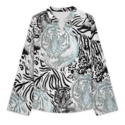 Stand-up Collar Long-sleeved Shirt Tiger Pattern, Repeating Pattern  Customization Women’s V-Neck Blouses,long Sleeve,Roll-Up Sleeve Shirt