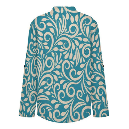 Stand-up Collar Long-sleeved Shirt Blue Totem, Background  Customization Women’s V-Neck Blouses,long Sleeve,Roll-Up Sleeve Shirt