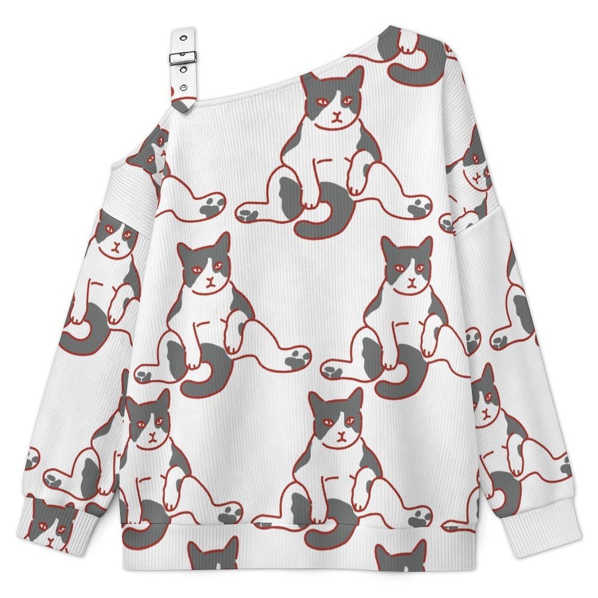 Off-the-shoulder Sweater Cat-lazy-paralyzed-arrogant-sign-white-repeat  Asymmetric Cold Shoulder Knit Sweater for Women, Adjustable Buckle Strap Long Sleeve Casual Slouchy Pullover