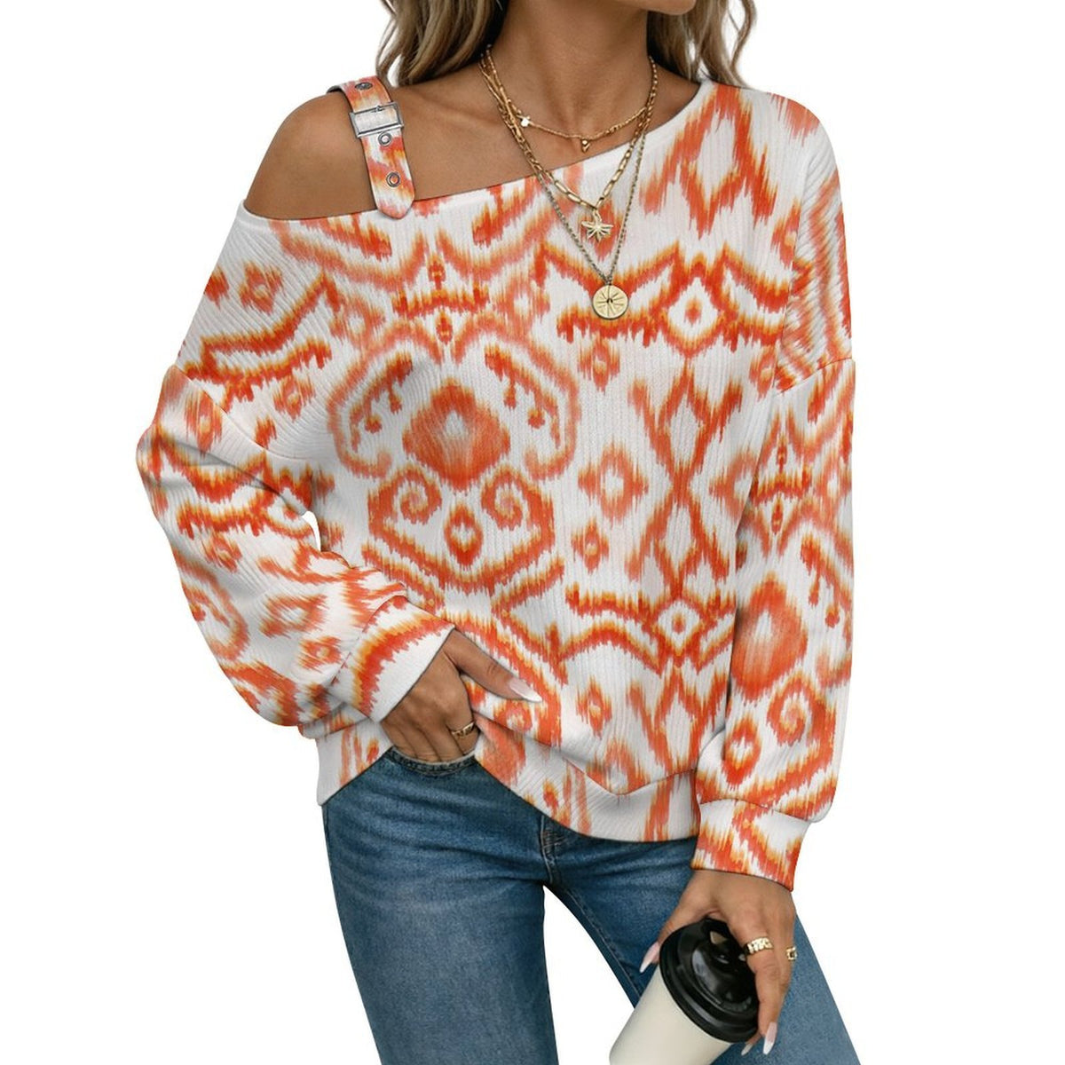 Off-the-shoulder Sweater European Retro Pattern  Asymmetric Cold Shoulder Knit Sweater for Women, Adjustable Buckle Strap Long Sleeve Casual Slouchy Pullover