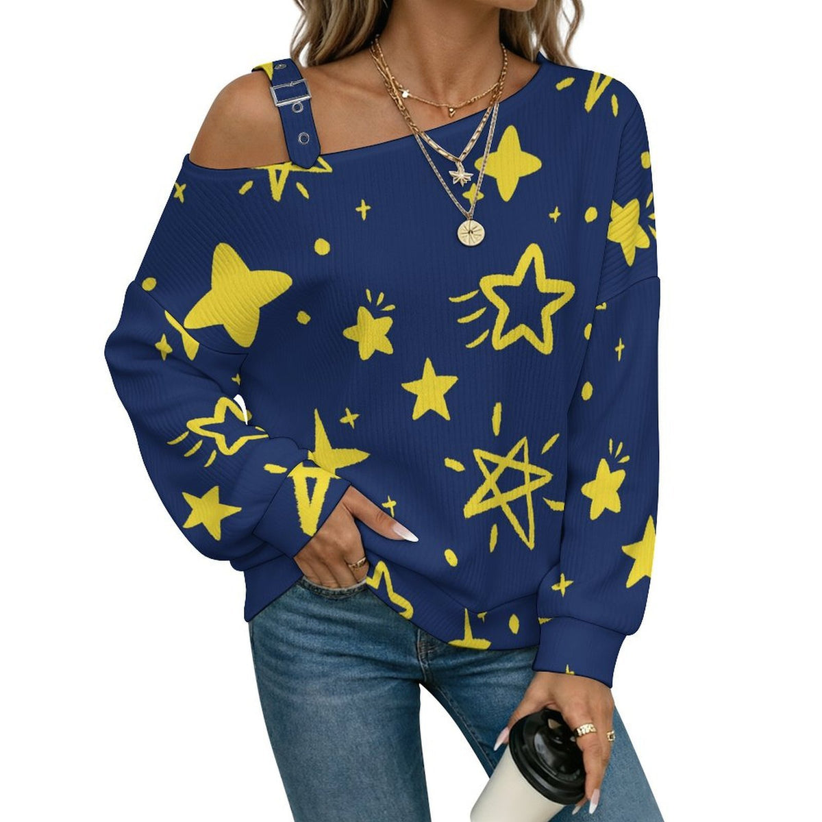 Off-the-shoulder Sweater Pattern-Stars-Cute-Tile Pattern-Blue  Asymmetric Cold Shoulder Knit Sweater for Women, Adjustable Buckle Strap Long Sleeve Casual Slouchy Pullover