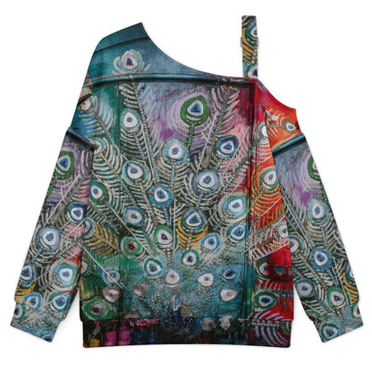 Off-the-shoulder Sweater Peacock Feather Mural  Asymmetric Cold Shoulder Knit Sweater for Women, Adjustable Buckle Strap Long Sleeve Casual Slouchy Pullover
