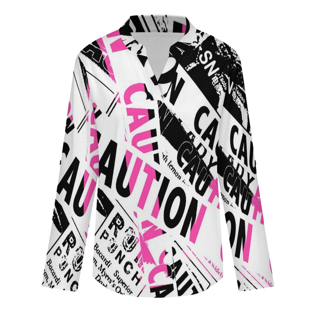 Stand-up Collar Long-sleeved Shirt Vintage Newspaper  Customization Women’s V-Neck Blouses,long Sleeve,Roll-Up Sleeve Shirt