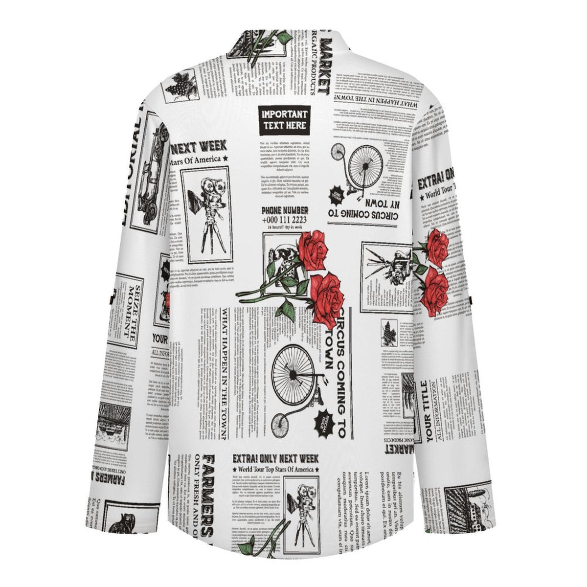 Stand-up Collar Long-sleeved Shirt Newspaper  Red Rose  Customization Women’s V-Neck Blouses,long Sleeve,Roll-Up Sleeve Shirt
