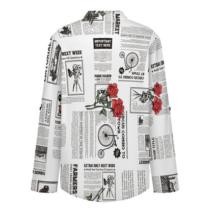 Stand-up Collar Long-sleeved Shirt Newspaper  Red Rose  Customization Women’s V-Neck Blouses,long Sleeve,Roll-Up Sleeve Shirt
