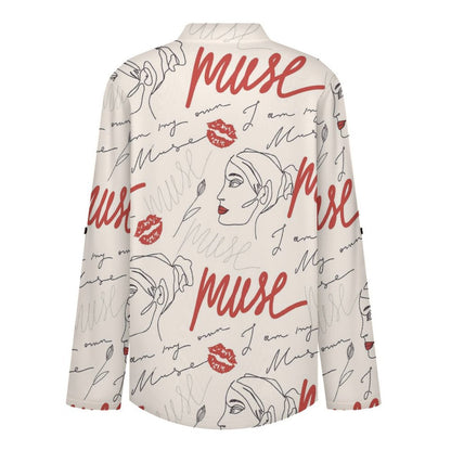 Stand-up Collar Long-sleeved Shirt Women, Roses,muse white S Women’s V-Neck Blouses
