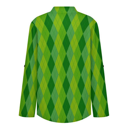Stand-up Collar Long-sleeved Shirt Green, Rhombic  Customization Women’s V-Neck Blouses,long Sleeve,Roll-Up Sleeve Shirt