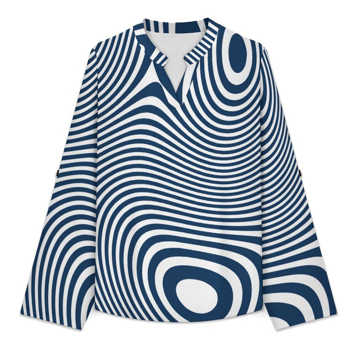 Stand-up Collar Long-sleeved Shirt Blue, Line Pattern, Abstract  Customization Women’s V-Neck Blouses,long Sleeve,Roll-Up Sleeve Shirt