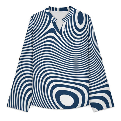 Stand-up Collar Long-sleeved Shirt Blue, Line Pattern, Abstract  Customization Women’s V-Neck Blouses,long Sleeve,Roll-Up Sleeve Shirt