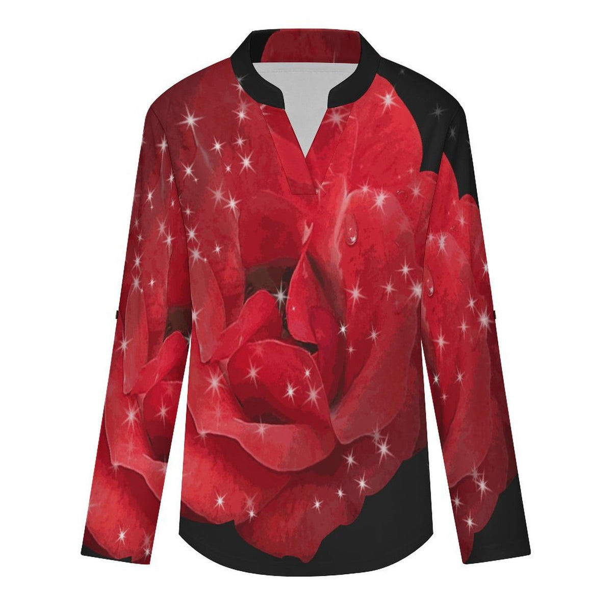 Stand-up Collar Long-sleeved Shirt Red Roses  Customization Women’s V-Neck Blouses,long Sleeve,Roll-Up Sleeve Shirt