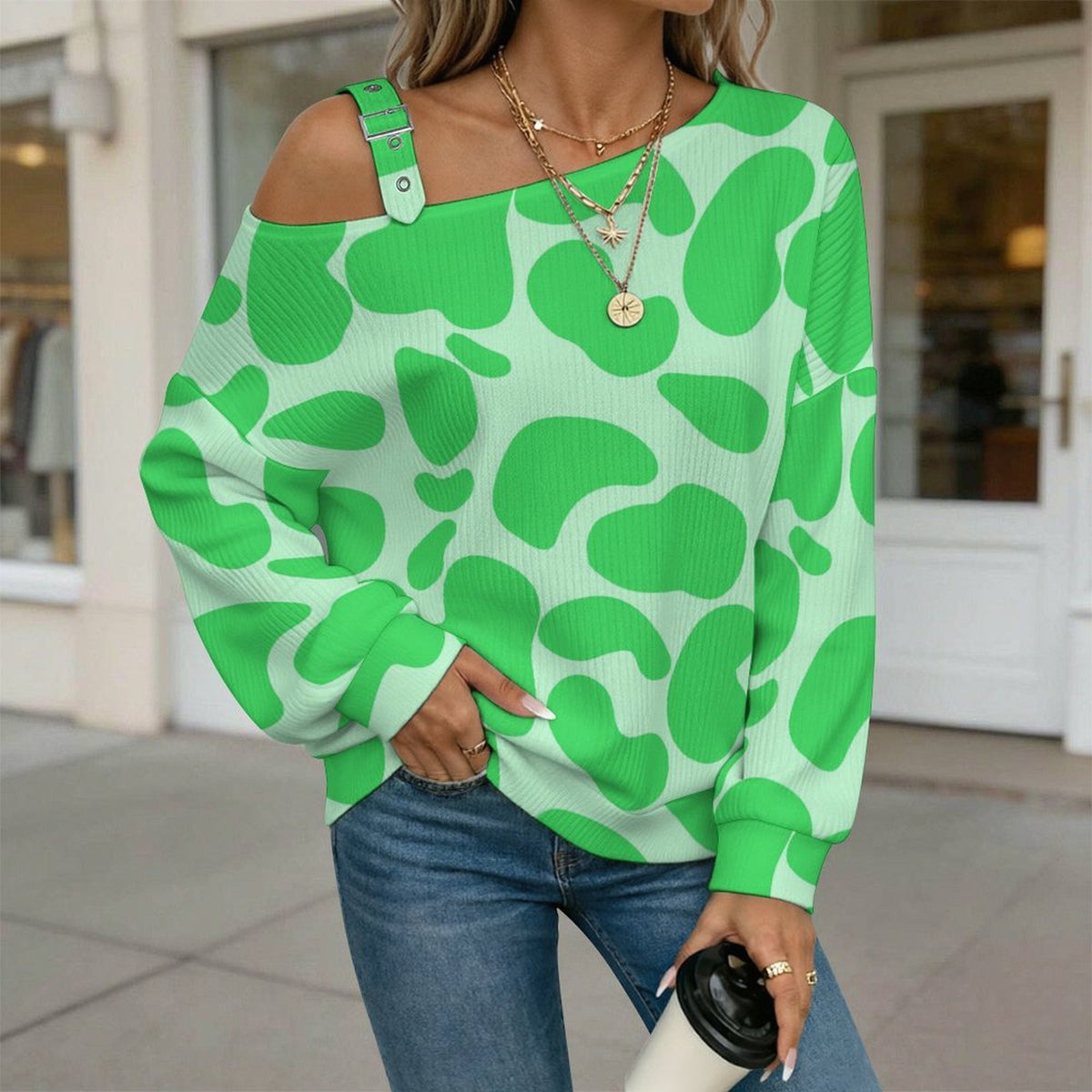 Off-the-shoulder Sweater Pattern-Cow-green-Repeat  Asymmetric Cold Shoulder Knit Sweater for Women, Adjustable Buckle Strap Long Sleeve Casual Slouchy Pullover