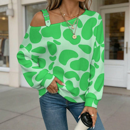 Off-the-shoulder Sweater Pattern-Cow-green-Repeat  Asymmetric Cold Shoulder Knit Sweater for Women, Adjustable Buckle Strap Long Sleeve Casual Slouchy Pullover