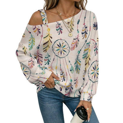 Off-the-shoulder Sweater Feathers  Asymmetric Cold Shoulder Knit Sweater for Women, Adjustable Buckle Strap Long Sleeve Casual Slouchy Pullover
