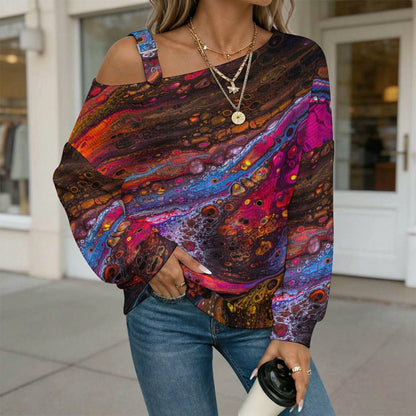 Off-the-shoulder Sweater Colored Black Dot Pattern  Asymmetric Cold Shoulder Knit Sweater for Women, Adjustable Buckle Strap Long Sleeve Casual Slouchy Pullover