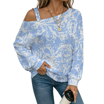Off-the-shoulder Sweater Blue Paisley Pattern  Asymmetric Cold Shoulder Knit Sweater for Women, Adjustable Buckle Strap Long Sleeve Casual Slouchy Pullover