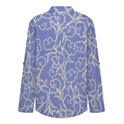 Stand-up Collar Long-sleeved Shirt Repeat Flower Blue  Customization Women’s V-Neck Blouses,long Sleeve,Roll-Up Sleeve Shirt