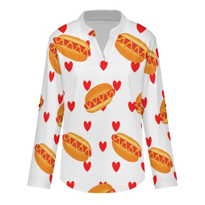 Stand-up Collar Long-sleeved Shirt Hot Dogs, Hearts, Repeat