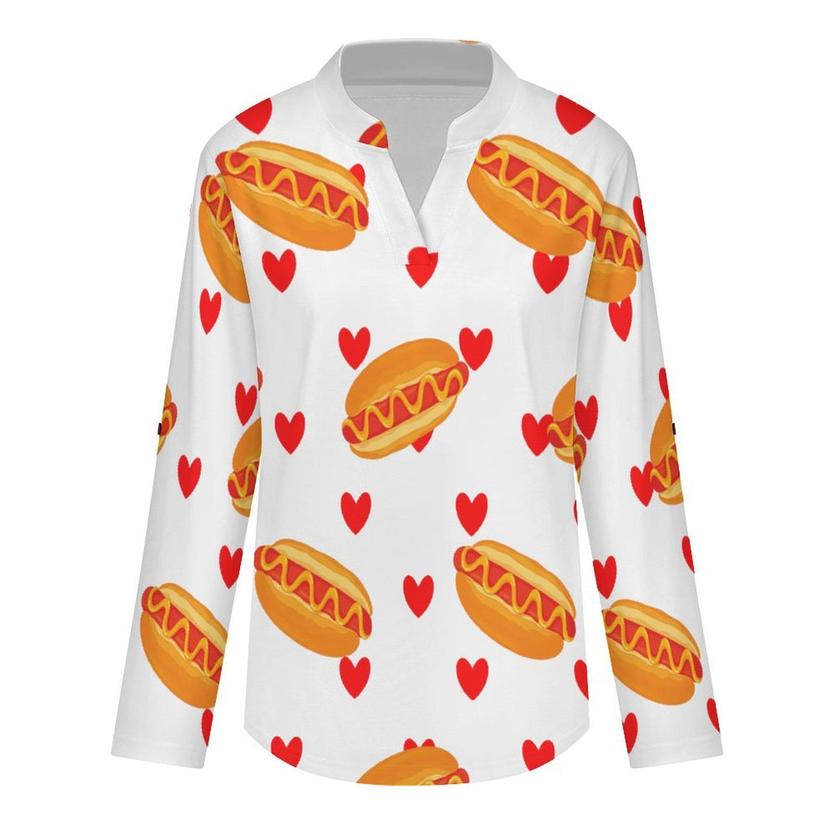 Stand-up Collar Long-sleeved Shirt Hot Dogs, Hearts, Repeat  Women’s V-Neck Blouses
