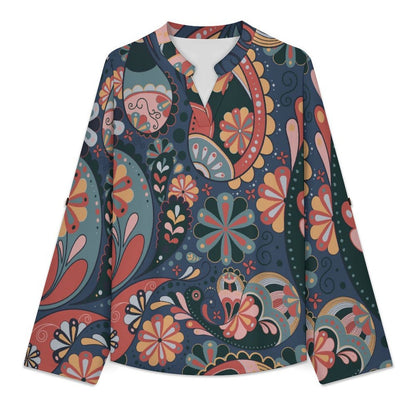 Stand-up Collar Long-sleeved Shirt Color, Paisley Pattern  Customization Women’s V-Neck Blouses,long Sleeve,Roll-Up Sleeve Shirt