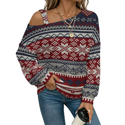 Off-the-shoulder Sweater European Retro Pattern  Asymmetric Cold Shoulder Knit Sweater for Women, Adjustable Buckle Strap Long Sleeve Casual Slouchy Pullover