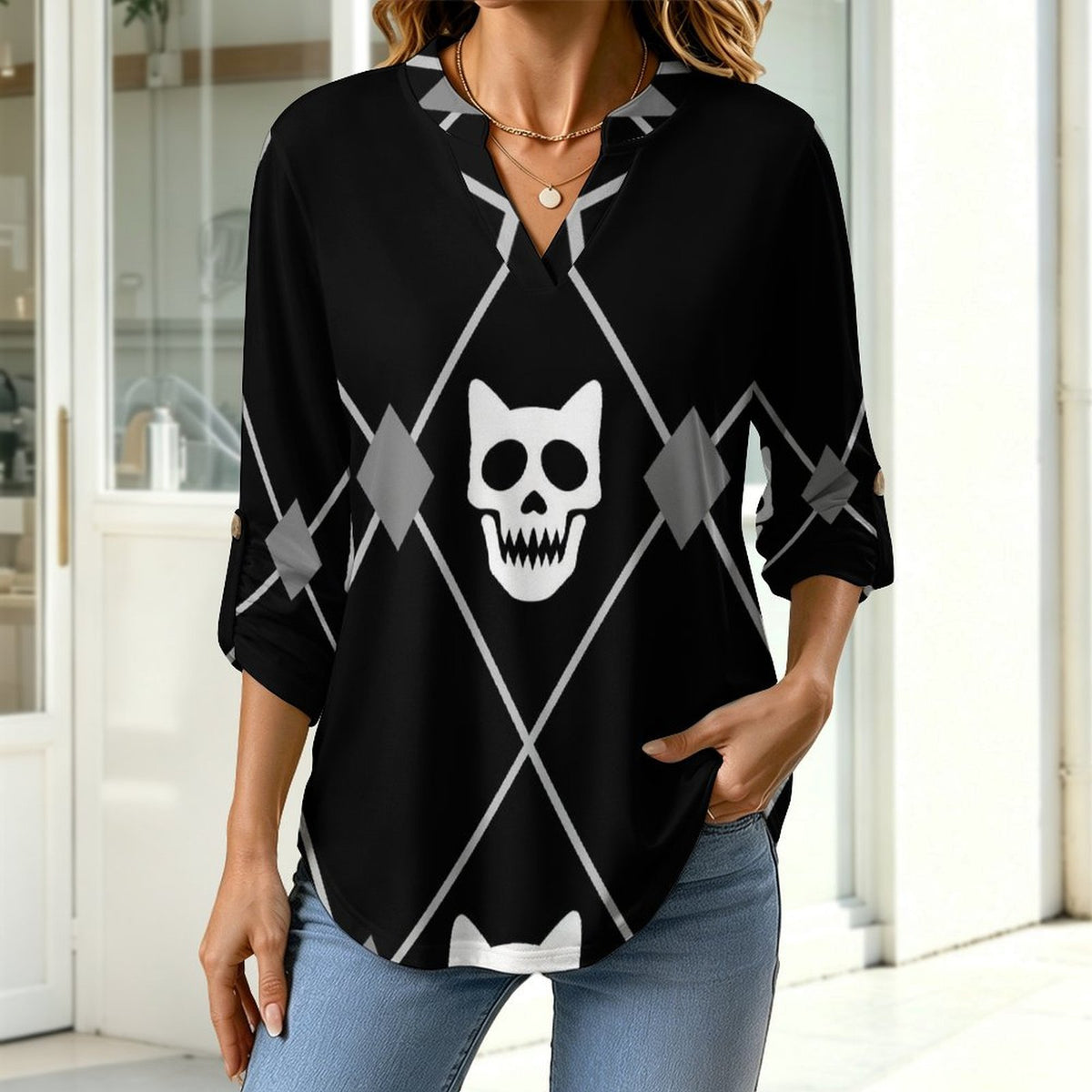 Rhombus Plaid Skull Black And White Roll Tab 3/4 Sleeve Notched V Neck Tunic Blouse