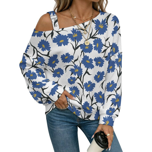 Off-the-shoulder Sweater White Background, Blue Flowers  Asymmetric Cold Shoulder Knit Sweater for Women, Adjustable Buckle Strap Long Sleeve Casual Slouchy Pullover