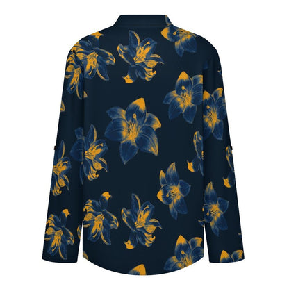 Stand-up Collar Long-sleeved Shirt Flower Pattern  Customization Women’s V-Neck Blouses,long Sleeve,Roll-Up Sleeve Shirt
