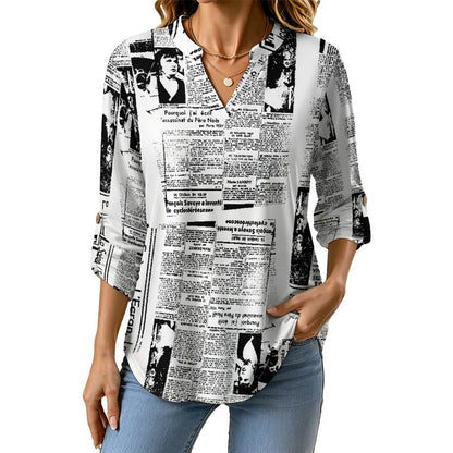 Stand-up Collar Long-sleeved Shirt Newspaper Vintage Dress white S Women’s V-Neck Blouses