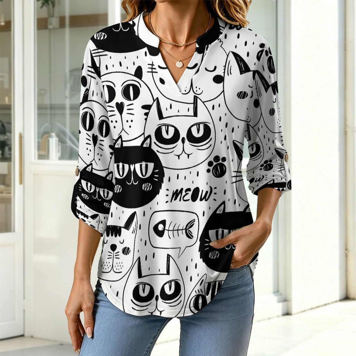 Stand-up Collar Long-sleeved Shirt Simple Strokes, Cat white S Women’s V-Neck Blouses