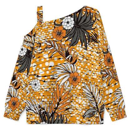Yellow Flower Pattern Buckle Strap Asymmetrical Off Shoulder Knit Sweater