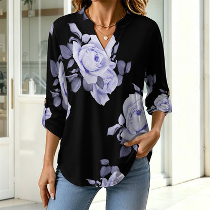 Stand-up Collar Long-sleeved Shirt Rose Repeat Tablecloth Curtain  Customization Women’s V-Neck Blouses,long Sleeve,Roll-Up Sleeve Shirt