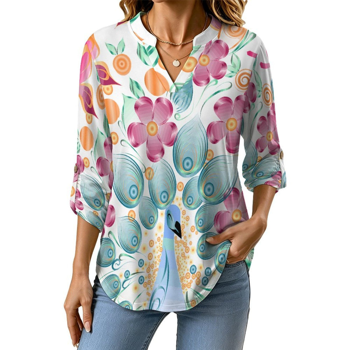 Stand-up Collar Long-sleeved Shirt Peacock Butterfly Flower  Customization Women’s V-Neck Blouses,long Sleeve,Roll-Up Sleeve Shirt