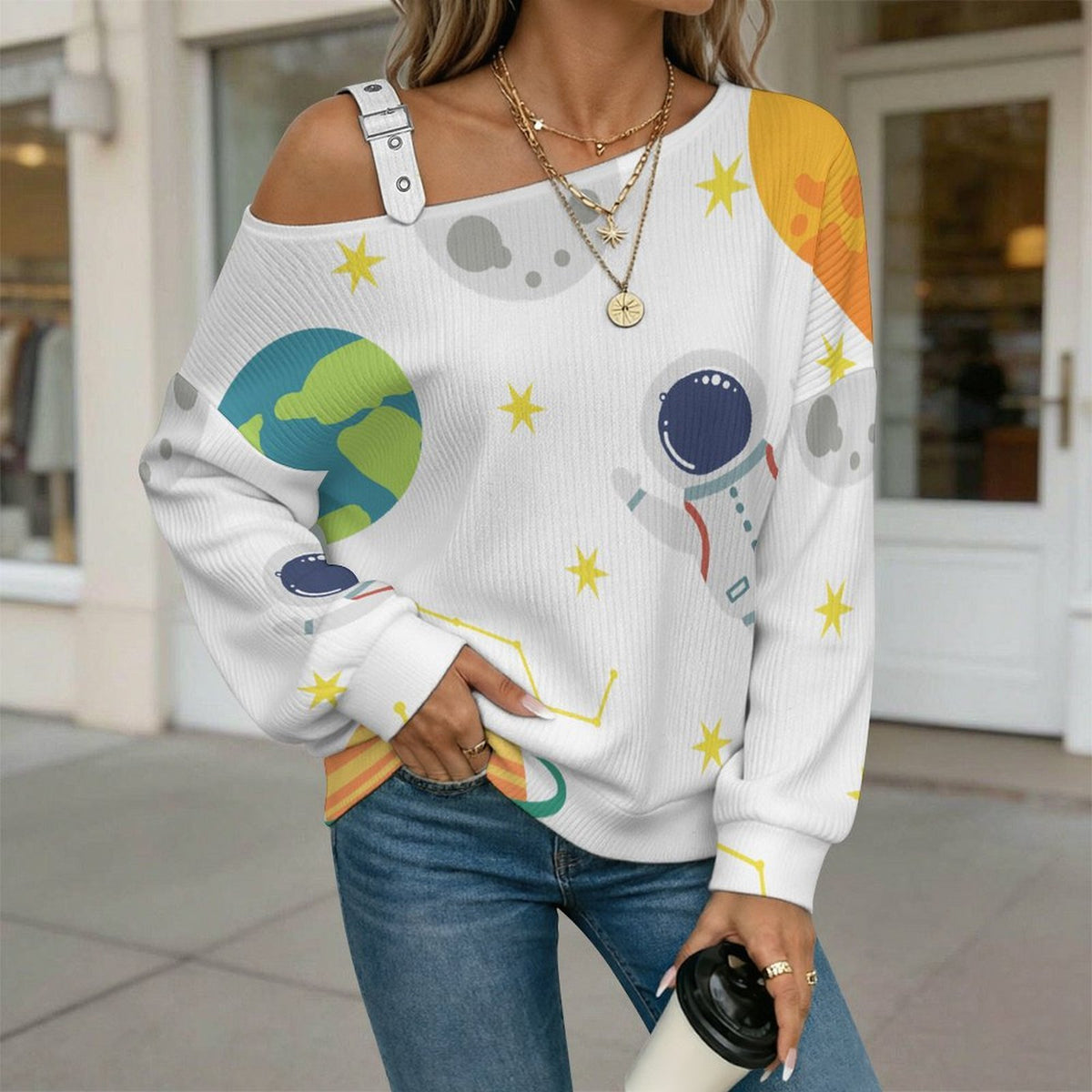 Off-the-shoulder Sweater Tile Pattern-Universe-Space-Cute-Astronaut-Planet  Asymmetric Cold Shoulder Knit Sweater for Women, Adjustable Buckle Strap Long Sleeve Casual Slouchy Pullover