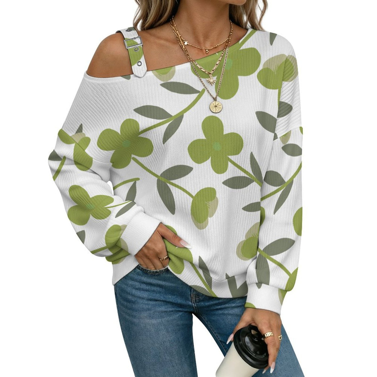 Off-the-shoulder Sweater Grass Green Tile Decorative Pattern  Asymmetric Cold Shoulder Knit Sweater for Women, Adjustable Buckle Strap Long Sleeve Casual Slouchy Pullover