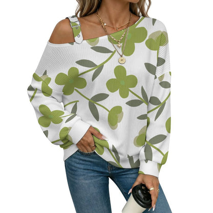Off-the-shoulder Sweater Grass Green Tile Decorative Pattern  Asymmetric Cold Shoulder Knit Sweater for Women, Adjustable Buckle Strap Long Sleeve Casual Slouchy Pullover