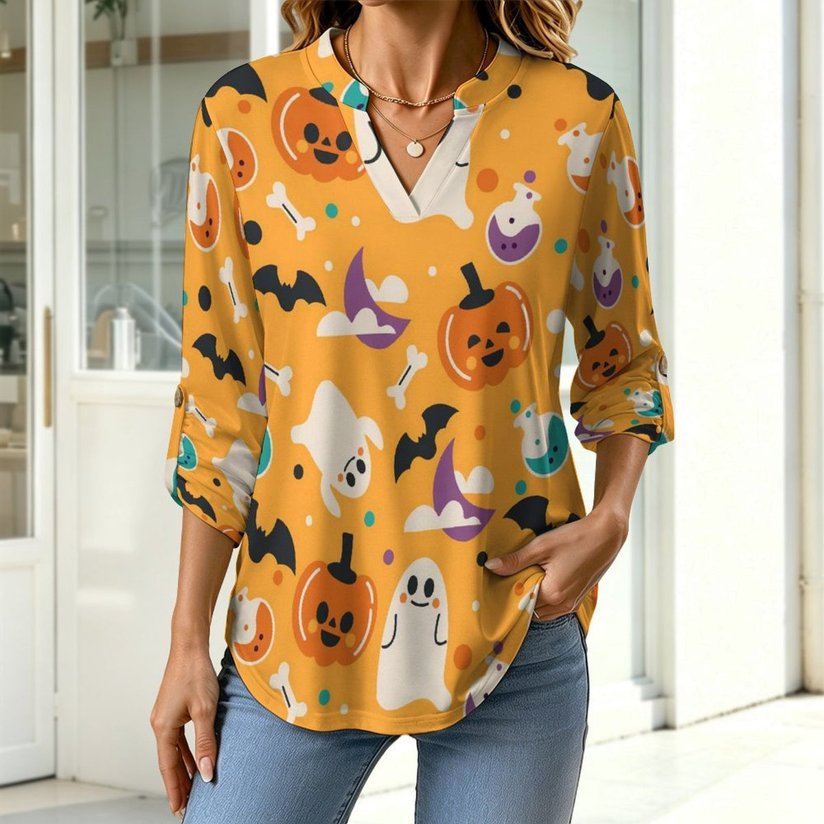 Stand-up Collar Long-sleeved Shirt Yellow, Halloween, Ghost  Customization Women’s V-Neck Blouses,long Sleeve,Roll-Up Sleeve Shirt