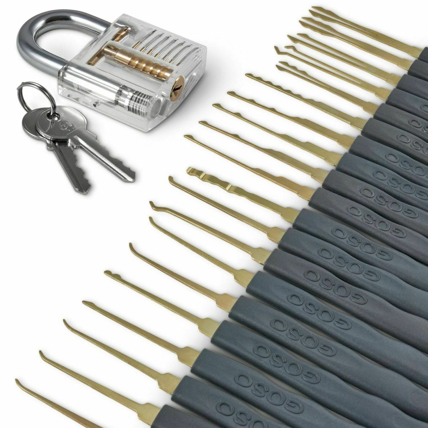 GOSO 24 Piece Lock Pick Set + Transparent Practice Padlock Bundle