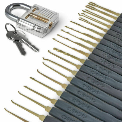GOSO 24 Piece Lock Pick Set + Transparent Practice Padlock Bundle