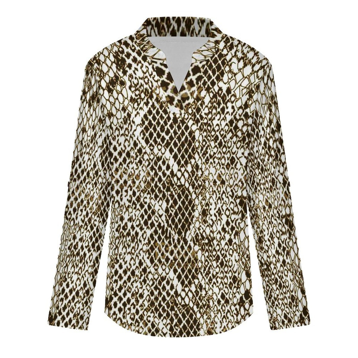 Stand-up Collar Long-sleeved Shirt Snake Skin  Customization Women’s V-Neck Blouses,long Sleeve,Roll-Up Sleeve Shirt
