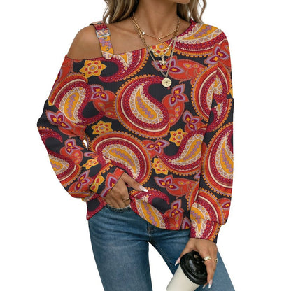 Off-the-shoulder Sweater Paisley Pattern  Asymmetric Cold Shoulder Knit Sweater for Women, Adjustable Buckle Strap Long Sleeve Casual Slouchy Pullover