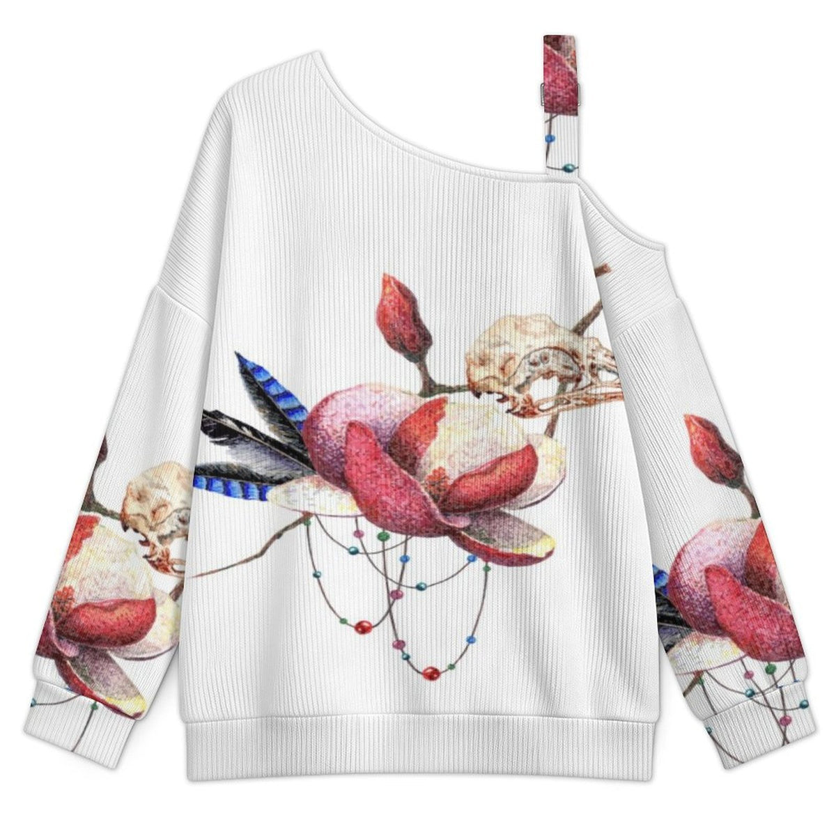 Off-the-shoulder Sweater Feathers Skull  Asymmetric Cold Shoulder Knit Sweater for Women, Adjustable Buckle Strap Long Sleeve Casual Slouchy Pullover