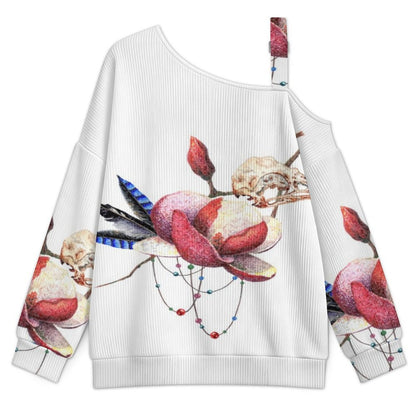 Off-the-shoulder Sweater Feathers Skull  Asymmetric Cold Shoulder Knit Sweater for Women, Adjustable Buckle Strap Long Sleeve Casual Slouchy Pullover