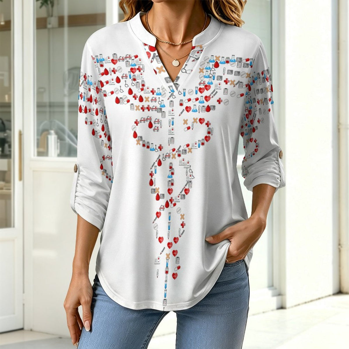 Stand-up Collar Long-sleeved Shirt Graphic Scepter  Customization Women’s V-Neck Blouses,long Sleeve,Roll-Up Sleeve Shirt