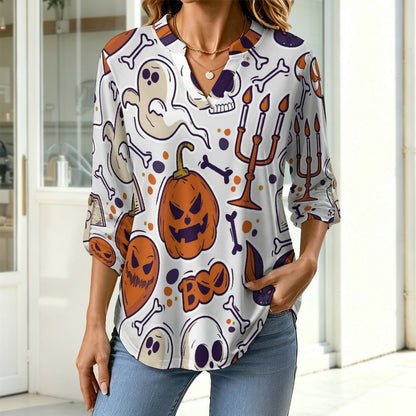 Stand-up Collar Long-sleeved Shirt Halloween, Ghosts, Pumpkins  Customization Women’s V-Neck Blouses,long Sleeve,Roll-Up Sleeve Shirt