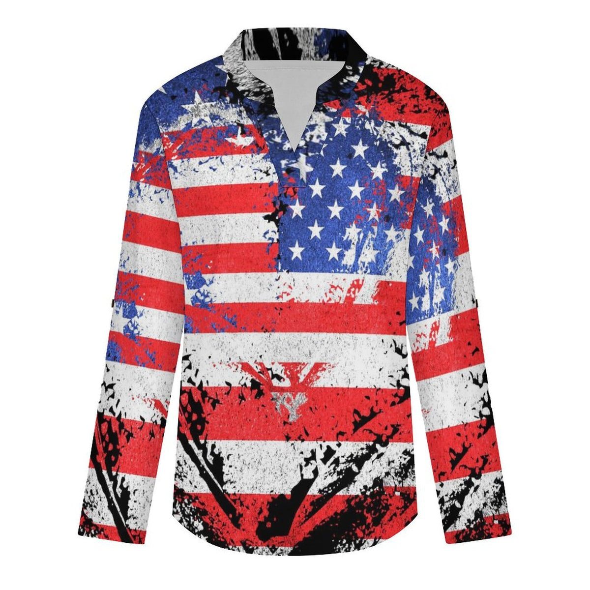 Stand-up Collar Long-sleeved Shirt American Flag Heart  Customization Women’s V-Neck Blouses,long Sleeve,Roll-Up Sleeve Shirt