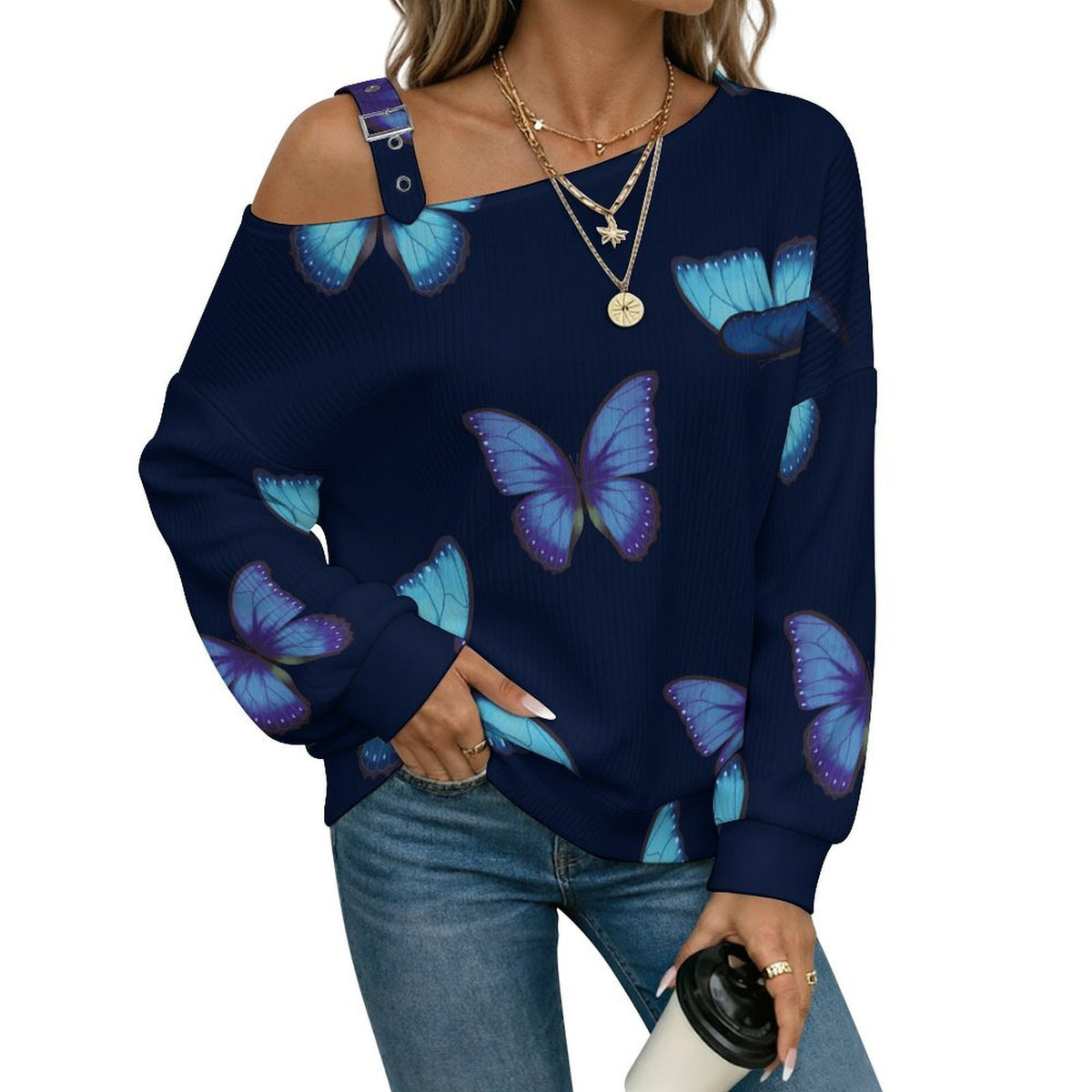 Off-the-shoulder Sweater Blue Morpho Butterfly Tile Decorative Pattern  Asymmetric Cold Shoulder Knit Sweater for Women, Adjustable Buckle Strap Long Sleeve Casual Slouchy Pullover