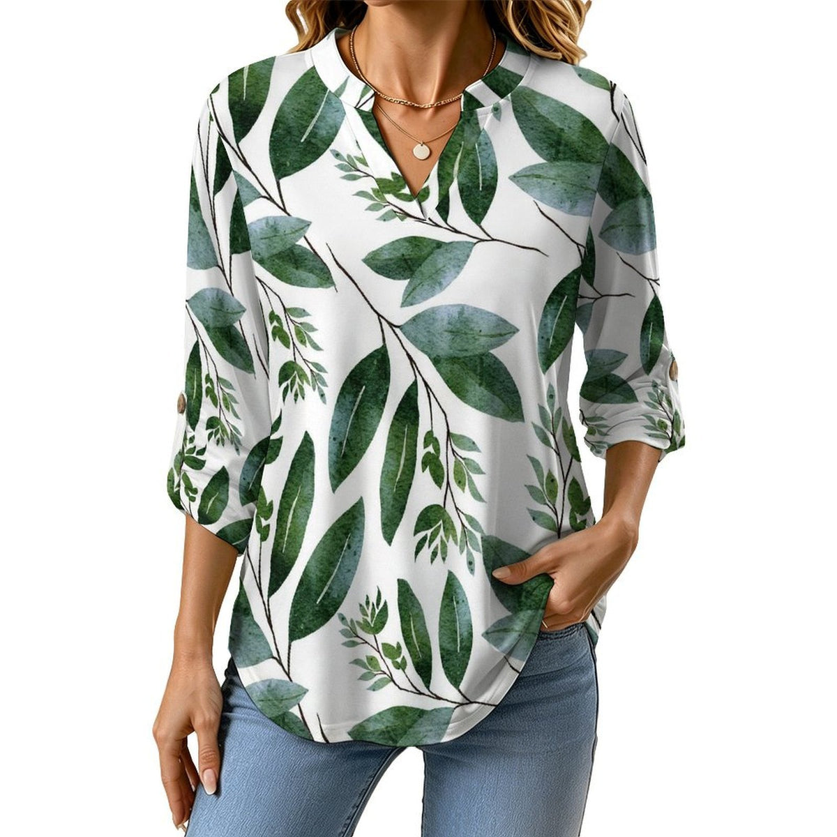 Stand-up Collar Long-sleeved Shirt Plant Pattern Green  Customization Women’s V-Neck Blouses,long Sleeve,Roll-Up Sleeve Shirt